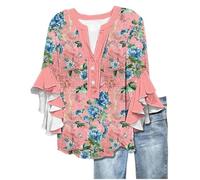 Angxiwan Embarrassing T Shirt Summer Tops for Women UK Fashion Floral Print Flowy Ruffle Sleeve Tunic Tunic Tops Casual Loose Fit 3/4 Length Sleeves Shirts Loose for Women UK Plus Size