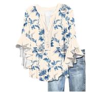 Angxiwan Exercise Tops for Women UK Summer Tops for Women UK Fashion Floral Print Flowy Ruffle Sleeve Tunic Tunic Casual Loose Fit 3/4 Length Sleeves Shirts Cotton Tshirts UK