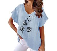 Angxiwan Final Lap Vintage Streetwear Linen Shirt Women Dandelion Print V Neck Cotton Casual Bat T Shirt Designer Clothes for Women