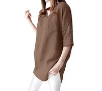 Angxiwan Gifts for Women Sale Clearance Oversized Linen Shirt Women's Printed Patchwork Buttons V Neck Cotton Blouse Shirt Plus Size Holiday Tops Button Up Warehouse Deals Clearance Today Coffee