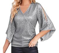Angxiwan Gifts for Women Sale Clearance Oversized Tshirt Women Sequin Tops 3/4 Sleeve Glitter Sparkly Party Blouse V Neck Dressy Tops for Evening Party Plus Christmas White