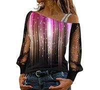 Angxiwan Going Out Tops for Women UK Women Casual Sequin Print Top Shirt Mesh Long Sleeve Cold Shoulder Shirts Loose Elegant Splice Blouse Top Women Tunic Tops Plus Size