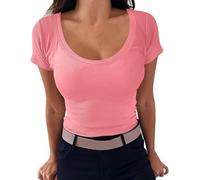 Angxiwan Going Out Tops for Women UK Women's 2024 Summer Fashion U Low Cut Short Rib Knit Slim Casual Basic T Shirt Vintage Oversized T Shirts Vintage Sports T Shirts Pink