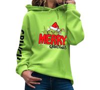 Angxiwan Grinch Christmas Hoodies for Women Funny Xmas Shirts Long Sleeve Hooded Sweatshirts Casual Green Pullover Tops Fashion Jumpers S-3XL