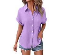 Angxiwan Gypsy Tops for Women Summer Linen Tops for Women UK Lightweight Button Down Boho Shirts Casual Pleated Muslin Blouse Solid Color Short Sleeve Tunic Lightning Deals of The Day Today Sale