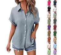 Angxiwan Gypsy Tops for Women Summer Linen Tops for Women UK Lightweight Button Down Boho Shirts Casual Pleated Muslin Blouse Solid Color Short Sleeve Tunic Holiday Essentials A Grey