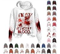 Angxiwan Halloween Hoodies for Women UK I'M Ok It'S Not My Blood Funny Printed Long Sleeve Hooded Sweatshirts Jumpers