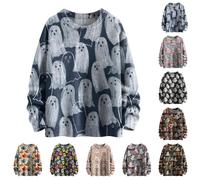 Angxiwan halloween pumpkin top Halloween Jumpers for Women UK Cute Ghost Pumpkin Graphic Print Knit Sweatshirts Plus Size Long Sleeve Theme Month skull top women hoody