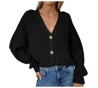 Angxiwan Holiday Essentials for Women Cardigans for Women UK Women's Autumn and Winter Casual Sweater V-Neck Solid Color Button Cardigan Knit Hollow Cardigan Early Friday Black Deals