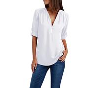 Angxiwan Holiday Essentials for Women Chiffon Shirts for Women Lightweight Solid Color Front Zip Blouse Adjustable Sleeve Going Out Tops with My Orders UK My Recent Orders B White
