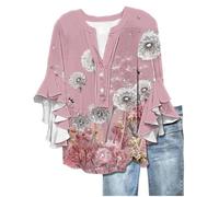 Angxiwan Inappropriate T Shirts Summer Tops for Women UK Fashion Floral Print Flowy Ruffle Sleeve Tunic Tunic Tops Casual Loose Fit 3/4 Length Sleeves Shirts T Shirt for Women UK
