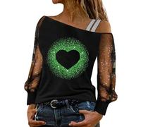 Angxiwan Ladies Baggy Tops Women's Casual Love Fine Glitter Printed Mesh Long Sleeved Patchwork Top