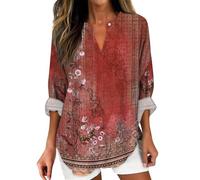 Angxiwan Ladies Plus Size Shirts Womens Cotton Linen Tunic Tops for Women Spring Summer V Neck Roll Up 3/4 Sleeve T Shirts Plain Graphic Tees Ladies Plus Size Tunic Tops