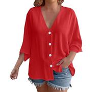Angxiwan Ladies Plus Size Summer Tops 3/4 Sleeve Blouses for Womens 2025 Summer V Neck Button Shirts Casual Plus Size Beach Tops Women Short Sleeve Shirts Womens Cross Over Linen Red