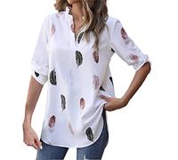 Angxiwan Ladies Plus Size T Shirts Women's V Neck Feather Print 3/4 Sleeve Loose Shirt Summer Ladies Cotton Summer Tops Dressy Going Out Tops Cotton Tshirts Women Loose Fit