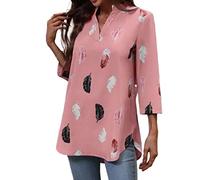 Angxiwan Ladies Plus Size T Shirts Women's V Neck Feather Print 3/4 Sleeve Loose Shirt Summer Ladies Cotton Summer Tops Dressy Going Out Tops Cotton Tshirts Women Loose Fit