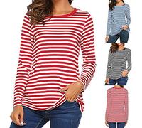 Angxiwan Ladies Tops Red and White Stripe T-Shirt Crew Neck Long Sleeve Tunic Top Casual Loose Fit Tee Blouse Book Week Fancy Costume