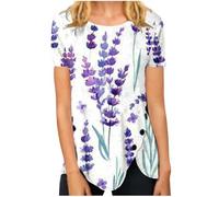 Angxiwan Lightning Deals of The Day Tunic Tops for Women Elegant Print Short Sleeve Tee Shirt Casual Loose Fit Crewneck Blouse Button Cutout Irregular Hem T-Shirt Warehouse Deals Clearance Fishing