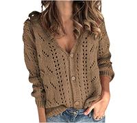 Angxiwan Lightning Deals Today Long Sleeve Cardigans for Women UK Solid V-Neck Single-Breasted Buttons Hollow Out Cardigan Sweater Womens Warehouse Clearance Bargains Sale Coffee