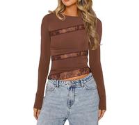 Angxiwan Lightning Deals Today Oversized Tshirts Women UK Women's Summer New Casual Sexy Lace Patchwork Long Sleeved Round Neck Top T Shirt Deals of The Day Sale Prime Women Brown