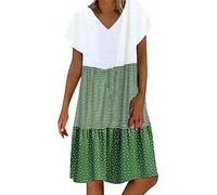 Angxiwan Limited time Deals Summer Dresses for Women UK Plus Size Short Sleeve Midi Dress Fashion Three-Color Stitching Sundress Casual Loose Fit V-Neck Dress for Same Day delivery