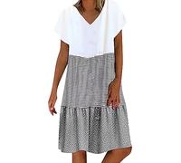Angxiwan Limited time Deals Summer Dresses for Women UK Plus Size Short Sleeve Midi Dress Fashion Three-Color Stitching Sundress Casual Loose Fit V-Neck Women Clothes Sale Clearance