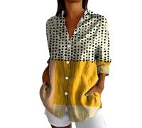 Angxiwan Linen Blouses for Women UK Linen Shirt Women Oversized Long Sleeve Button Down T-Shirts Cardigans Fashion Artistic Print Tunic Tops Summer Casual Loose My+Orders A Yellow