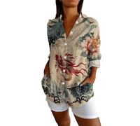 Angxiwan Linen Shirt Boho Blouse Linen Shirt Women Oversized Long Sleeve Button Down T-Shirts Cardigans Fashion Artistic Print Tunic Tops Summer Casual Loose Warehouse Deals Clearance