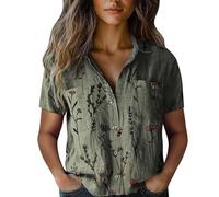 Angxiwan Linen Shirt Boho Blouse Linen Shirts Women Summer Short Sleeve Button Down T-Shirts with Pockets Elegant Graphic Print Tunic Tops Lightweight Loose Warehouse Deals Clearance