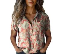 Angxiwan Linen Shirt Boho Blouse Linen Shirts Women Summer Short Sleeve Button Down T-Shirts with Pockets Elegant Graphic Print Tunic Tops Lightweight Loose Deals of The Day Sale Prime