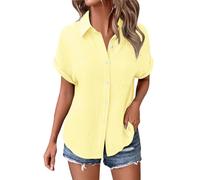 Angxiwan Linen Shirt Boho Blouse Summer Linen Tops for Women UK Lightweight Button Down Boho Shirts Casual Pleated Muslin Blouse Solid Color Short Sleeve Tunic Deals of The Day Sale Prime