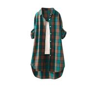 Angxiwan Linen Shirt Women Blue Plaid Shirts for Women UK Plus Size Button Long Sleeve Summer Cardigan Casual Loose Fit Flowy Hem Tunic Tops Elegant Collar Kaftans Full Length