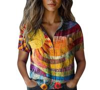 Angxiwan Linen Shirt Women Linen Shirts Women Summer Short Sleeve Button Down T-Shirts with Pockets Elegant Graphic Print Tunic Tops Lightweight Loose Deals of The Day Sale Prime