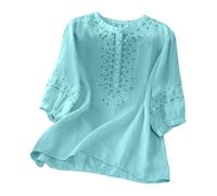 Angxiwan Linen Shirt Women Oversized Embroidery Linen Tunic Tops Retro Jacquard Short Sleeve Boho Blouse Casual Loose Fit Flowy Hem Tee Shirt Lightweight Beach Wear Blouse for Vacation Office