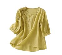 Angxiwan Linen Shirt Women Oversized Embroidery Linen Tunic Tops Retro Jacquard Short Sleeve Boho Blouse Casual Loose Fit Flowy Hem Tee Shirt Lightweight Beach Wear Blouse for Vacation Office