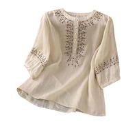Angxiwan Linen Shirt Women Oversized Embroidery Linen Tunic Tops Retro Jacquard Short Sleeve Boho Blouse Casual Loose Fit Flowy Hem Tee Shirt Lightweight Beach Wear Blouse for Vacation Office