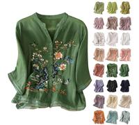 Angxiwan Linen Shirt Women Oversized Embroidery Linen Tunic Tops Retro Jacquard Short Sleeve Boho Blouse Casual Loose Fit Flowy Hem Tee Shirt Lightweight Beach Wear Blouse for Vacation Office