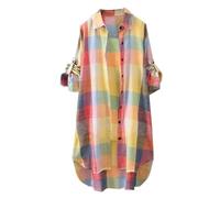 Angxiwan Linen Shirt Women Plaid Shirts for Women UK Plus Size Button Long Sleeve Summer Cardigan Casual Loose Fit Flowy Hem Tunic Tops Elegant Collar Blouses Plus Size