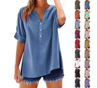 Angxiwan Linen Shirt Women Summer Womens Cotton Linen Loose Blouse Tops Ladies T-Shirts Plus Size Short Sleeve Tunic Tops Lightweight Button V-Neck Boho A Sky Blue