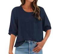 Angxiwan Linen Shirts for Women UK Casual Loose Fit Short Sleeve Tunic Tops Retro Floral Embroidery Jacquard Linen Blouse Solid Color Flowy Hem T-Shirts Summer Crewneck Boho Pleated Blouse Tops