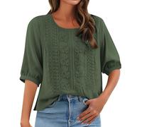 Angxiwan Linen Shirts for Women UK Casual Loose Fit Short Sleeve Tunic Tops Retro Floral Embroidery Jacquard Linen Blouse Solid Color Flowy Hem T-Shirts Summer Crewneck Boho Pleated Blouse Tops