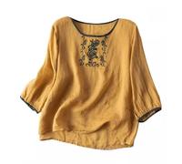 Angxiwan Linen Tops for Women UK Linen Shirts for Women UK Casual Loose Fit Short Sleeve Tunic Tops Retro Floral Embroidery Jacquard Blouse Solid Color My+Orders