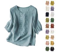 Angxiwan Linen Tops for Women UK Three Quarter Sleeves Linen Tops for Women UK Plus Size Short Sleeve Tunic Blouse Retro Jacquard T-Shirts Baggy Loose Fit Shirt Lightweight Flowy Gypsy A Blue