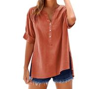 Angxiwan Linen Tops for Women UK Three Quarter Sleeves Summer Womens Cotton Linen Loose Blouse Tops Ladies T-Shirts Plus Size Short Sleeve Tunic Lightweight Button V-Neck Dressy Orange