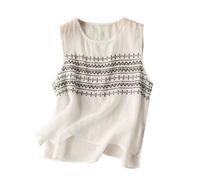 Angxiwan Linen Vest Tops for Women Uk Retro Embroidered Loose Fit Sleeveless Tops Lightweight Crewneck Summer Shirt Baggy Casual Flowy Hem Longline Vest Ladies Linen Blouse