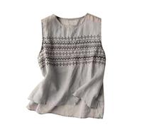 Angxiwan Linen Vest Tops for Women Uk Retro Embroidered Loose Fit Sleeveless Tops Lightweight Crewneck Summer Shirt Baggy Casual Flowy Hem Longline Vest Ladies Linen Blouse