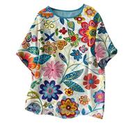 Angxiwan Long Blouses for Women UK Plus Size Tops for Women Elegant Graphic Print Short Sleeve Basic Shirts Summer Casual Loose Fit Crewneck Tunic Tops Blouse Warehouse Deals Clearance