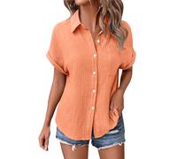 Angxiwan Long Blouses for Women UK Summer Linen Tops for Women UK Lightweight Button Down Boho Shirts Casual Pleated Muslin Blouse Solid Color Short Sleeve Tunic Deals of The Day Sale Prime