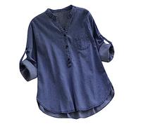 Angxiwan Long Sleeve Stretch Top Womens Long Denim Pocket Blouse Women's Buttons Tops Asymmetrical Casual Sleeve Women's Blouse Womens Casual Summer Tops T Women Sweatshirt Navy Shirt