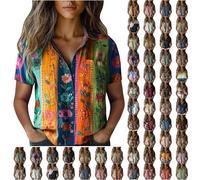 Angxiwan Long T Shirts for Women UK Linen Shirts Women Summer Short Sleeve Button Down T-Shirts with Pockets Elegant Graphic Print Tunic Tops Lightweight Loose My+Orders